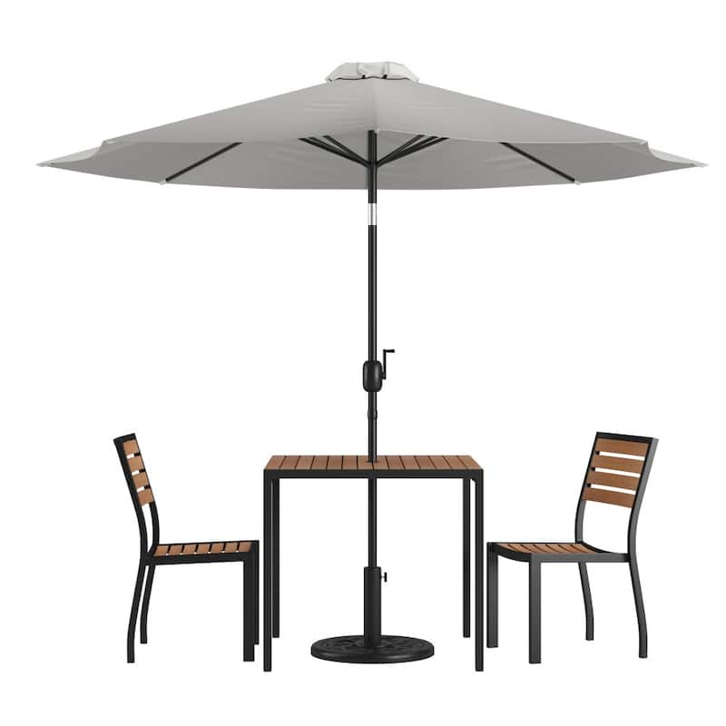 Faux Teak Patio Table, 2 Chairs & 9FT Patio Umbrella with Base