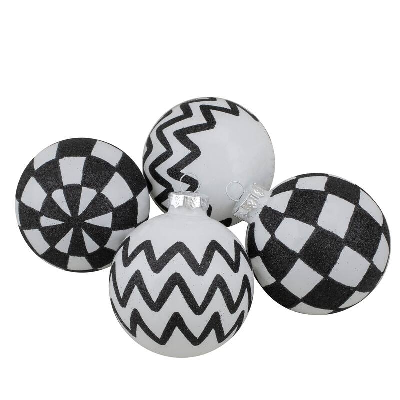 4ct Black White Zig Zag Checkered Christmas Glass Ornaments 2.75"