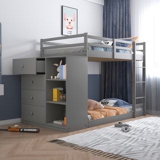 Gray Twin over Twin Solid Wood Bunk Bed with Cabinet & Fence
