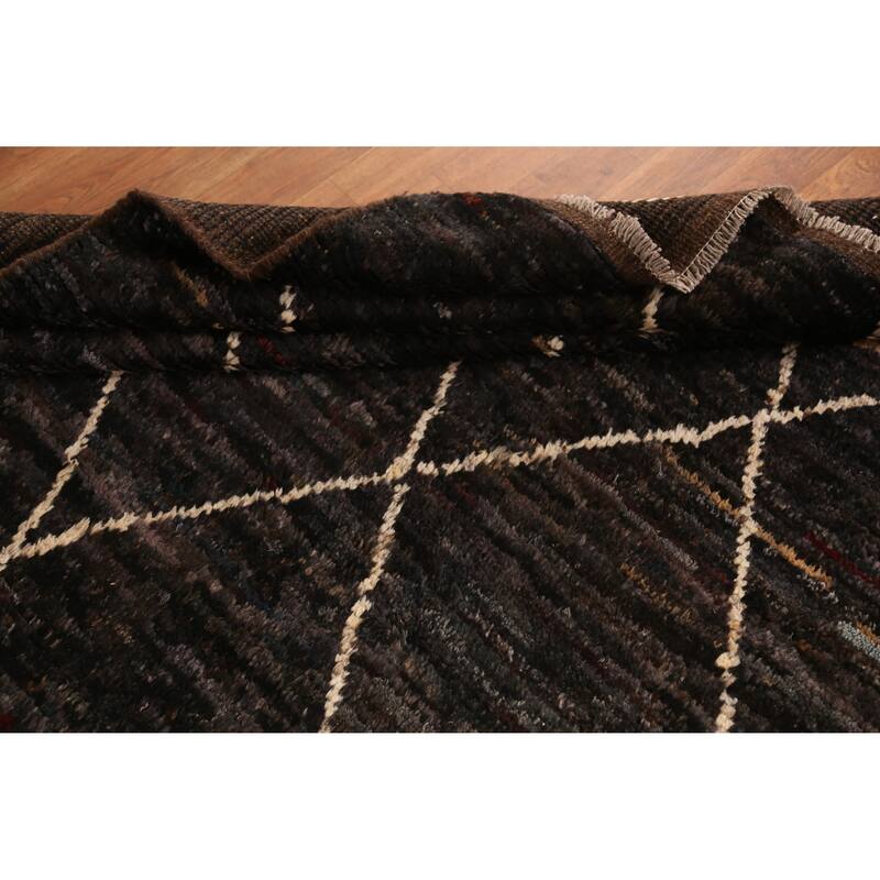Geometric Black Moroccan Oriental Area Rug Handmade Wool Carpet - 6'11" x 9'9"