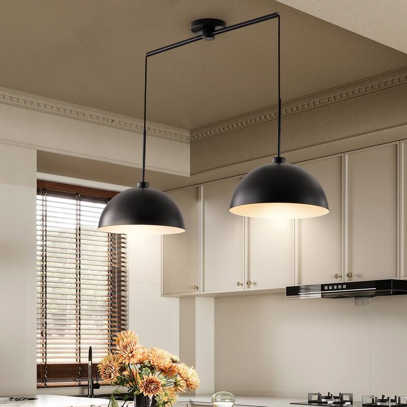 Industrial Modern 2-Pendant Light with Metal Frame, Adjustable Height, for Dining Room, Kitchen and Living Room