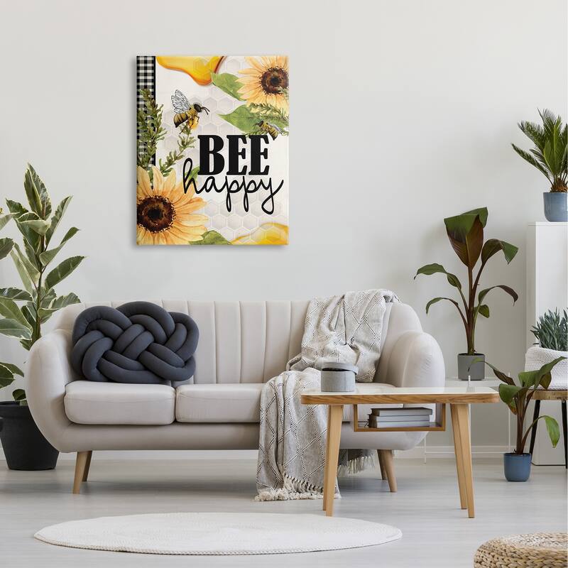 Stupell Bee Happy Sunflower Insect Hive Harvesting Honey Canvas Wall Art - Yellow