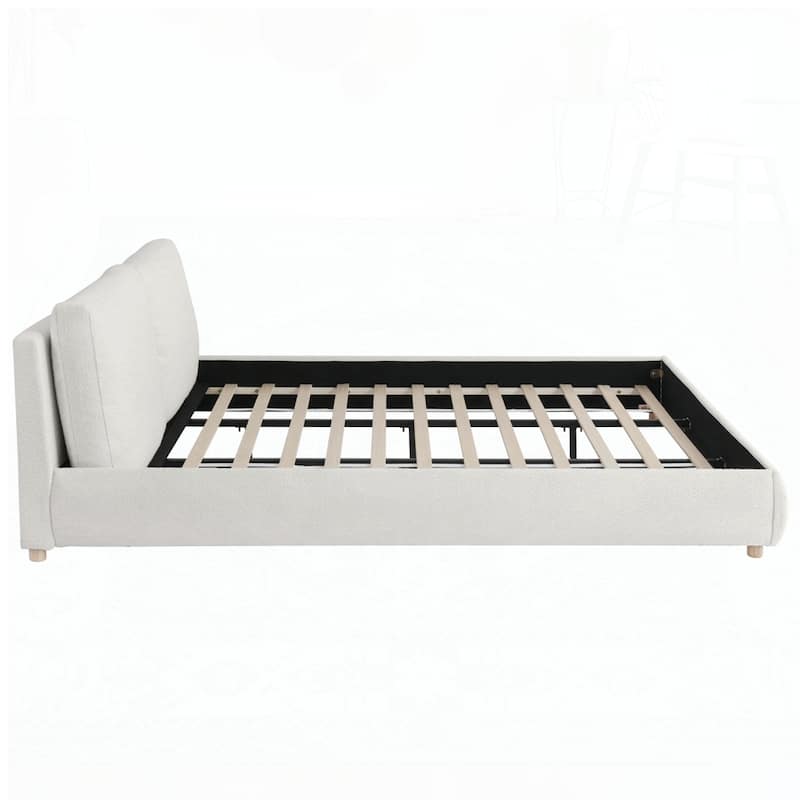 Boucle Fabric Upholstered Platform Bed with Two Removable Pillow Headboard