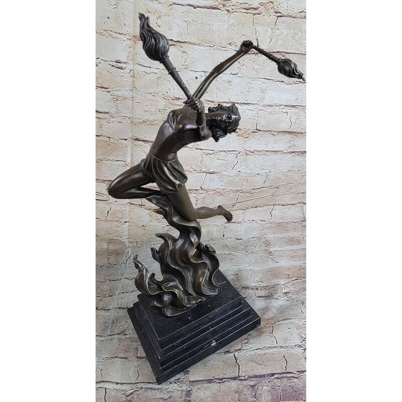 Fire Dancer Girl Dancing With Torches Bronze Metal Sculpture Statue Figure Marble Base