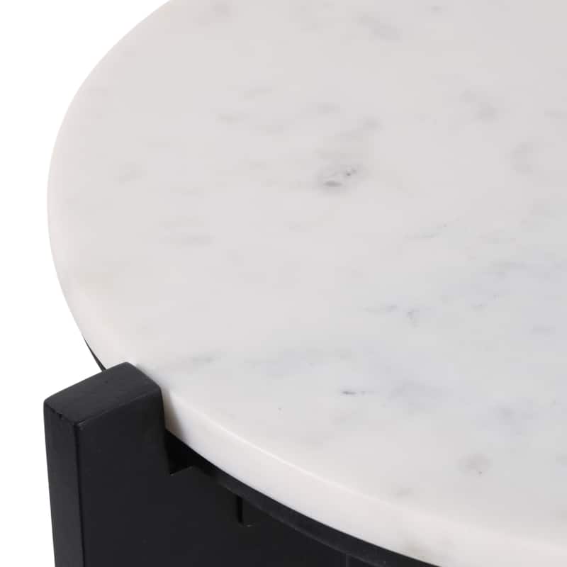 Marble Wood Accent Table Round Top Frame Modern - 20" White Black - 16" x 16" x 19.75"