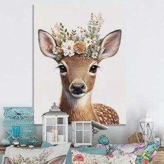 Designart 'Cute Baby Deer With Floral Crown I' Animals Canvas Wall Art