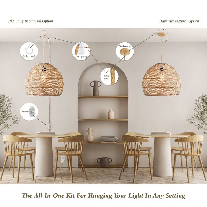 Santana Rattan Pendant Light - Natural Dome 1-Light Handwoven Light Fixture For Modern, Contemporary, Farmhouse Room Decor