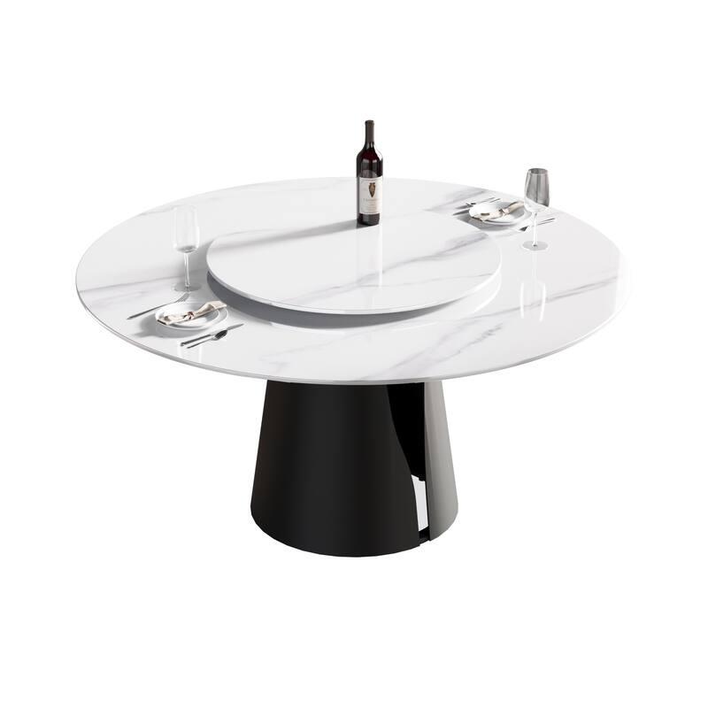 59" Round Slate Dining Table, White Marble Top with Black Metal Pedestal