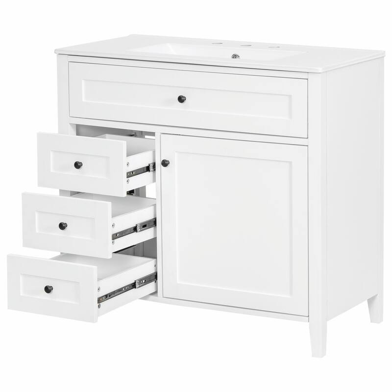 Bathroom Vanity with Sink, Modern MDF and Rubberwood Cabinet with 3 Drawers and Adjustable Shelf