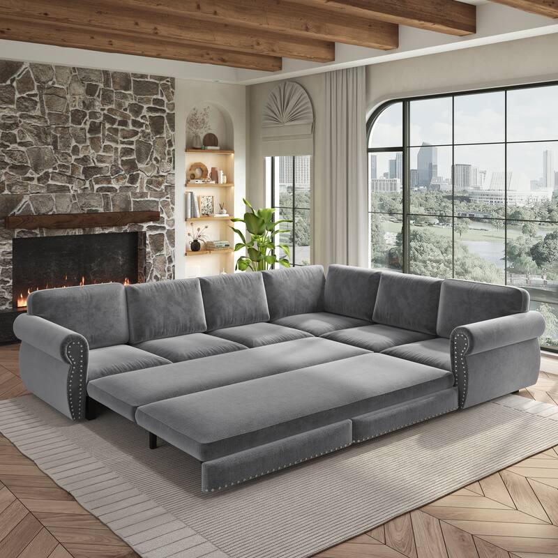 L-Shaped Sectional Sofa with Pull-Out Bed, Oversize Convertible Sleeper Sofa with Rolled Arms, Chenille Upholstery