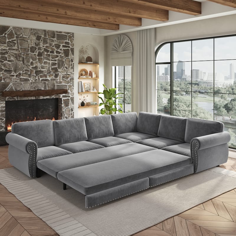 L-Shaped Sofa Couch with Pull-Out Bed, Convertible Sleeper Sofa with Nailhead Trim & Rolled Arms, Chenille Upholstered Couch
