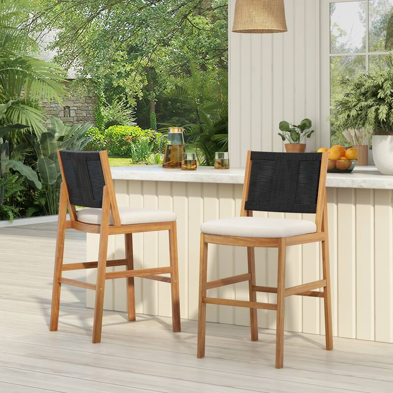 Scott Living Arly Outdoor Bar Stool Solid Acacia Wood and Woven Wicker - Black - Set of 2