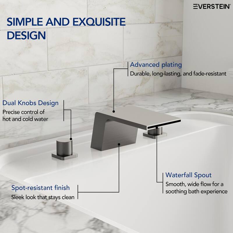 Modern Wide Waterfall Bathtub Faucet, Deck Mount 2-Handle Roman Tub Faucet