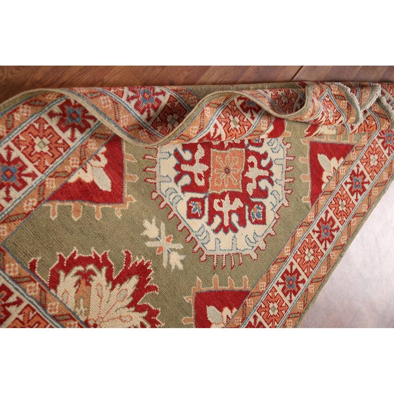 Geometric Green Kazak Oriental Accent Rug Handmade Wool Carpet - 3'3"x 5'1"