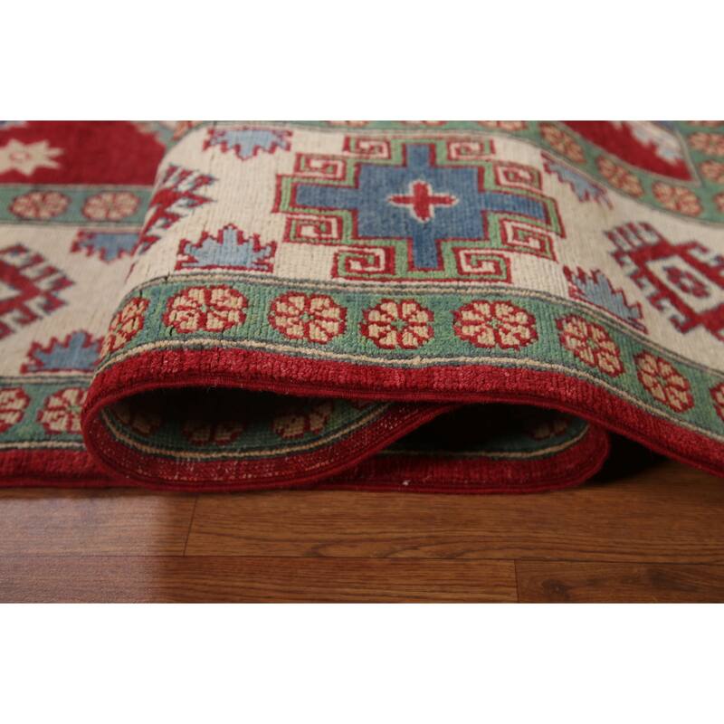 Hand Knotted Oriental 100% Wool Carpet Traditional Geometric Red Kazak Area Rug - 9' 10'' X 6' 8''