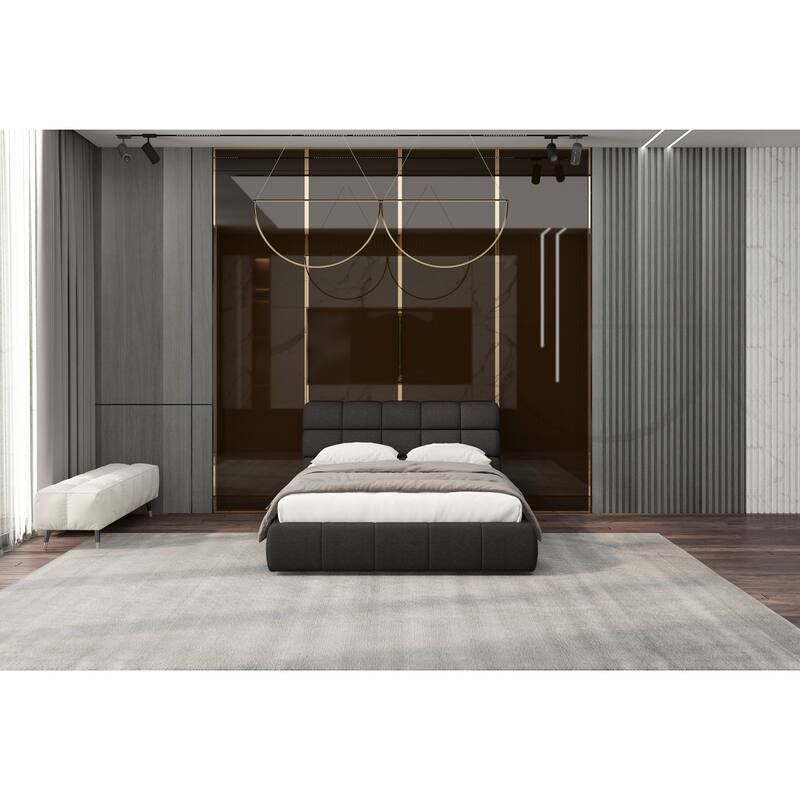 Queen Upholstered Bed - Dark Grey Padded Headboard & Base - Modern Bedroom Furniture