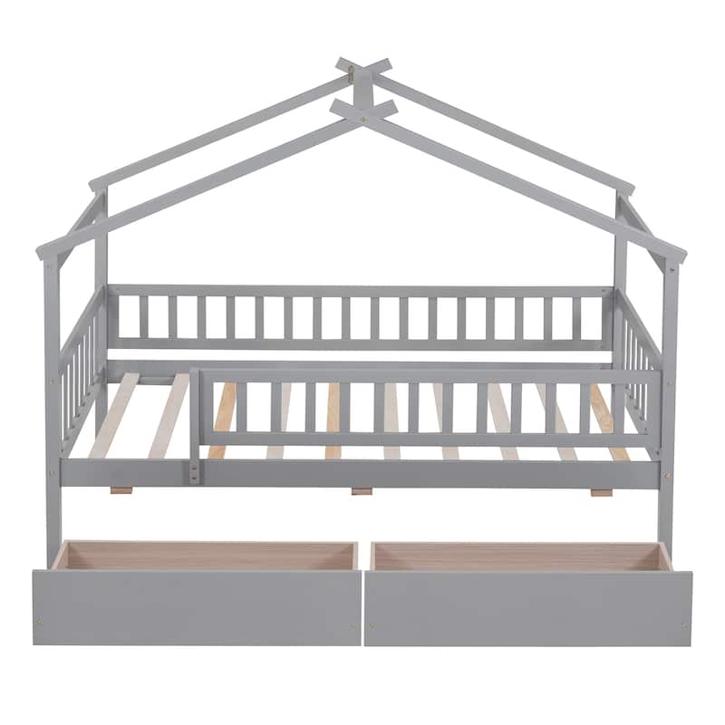 Twin Size Wooden House Bed with Drawers and Roof Design, Kids Bed Frame