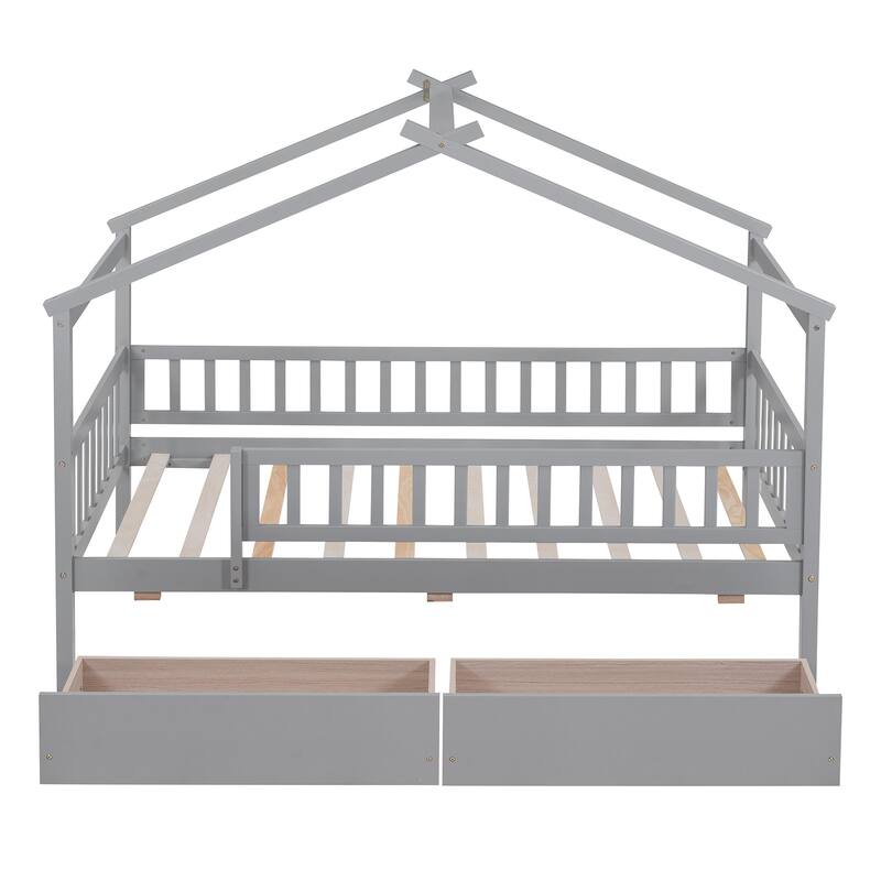 Wooden House Bed for Kids with Two Storage Drawers, Sturdy Twin Size Design