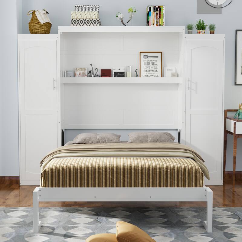 Wooden Foldable Murphy Bed Frame with 2 Wardrobe, Storage Shelf on Headboard, Pine Wood Platform Bedframe
