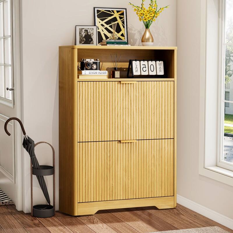 40" Tall Shoe Cabinet Storage for Entryway, Free Standing Organizer with Two Hidden Flip Drawers