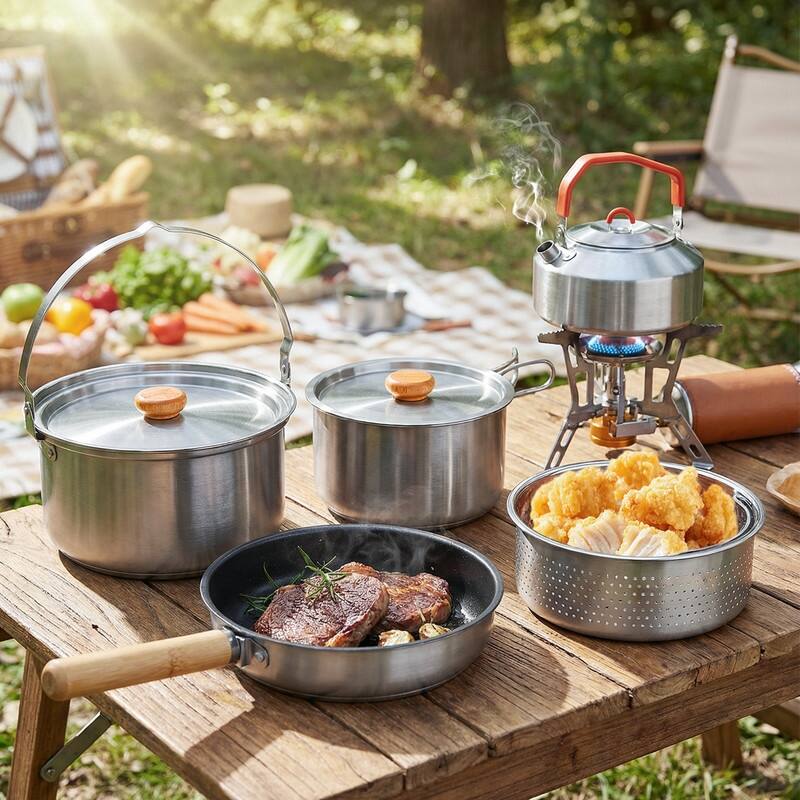 6-Piece Stainless Steel Camping Cookware Set With Kettle And Storage Bag - N/A