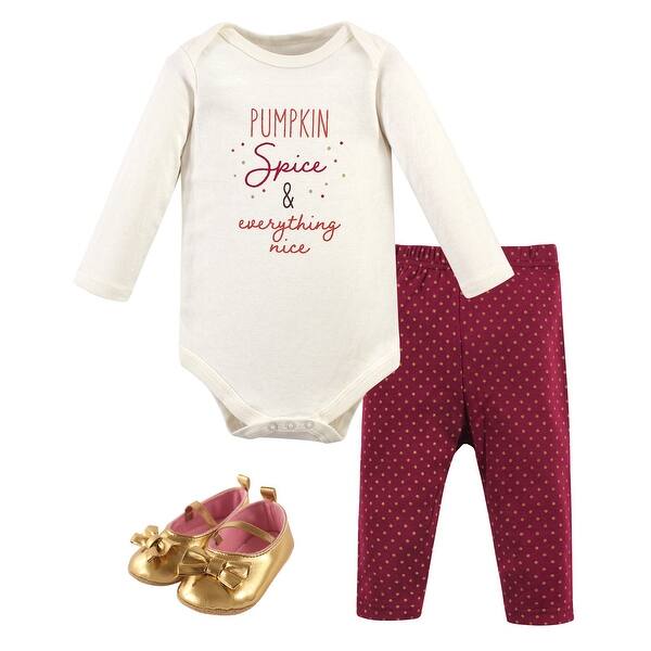 slide 1 of 1, Hudson Baby Infant Girl Cotton Bodysuit, Pant and Shoe 3pc Set, Pumpkin Spice 0-3 Months - Pumpkin Spice Burgundy
