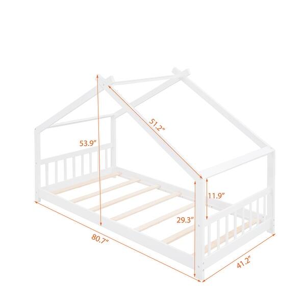 dimension image slide 1 of 5, Roomfitters Twin Size House Bed with Wooden Frame, Modern Loft Design, Grey