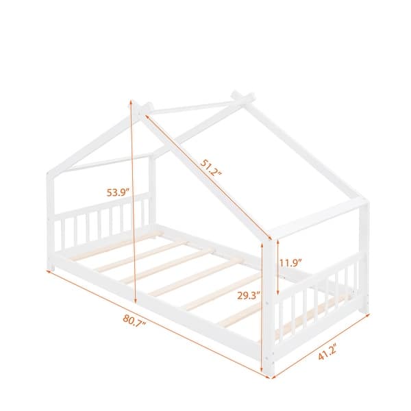 Twin Size Wooden House Bed with Playhouse Design , Sturdy Pine Frame, Semi-Enclosed for Comfortable Sleep