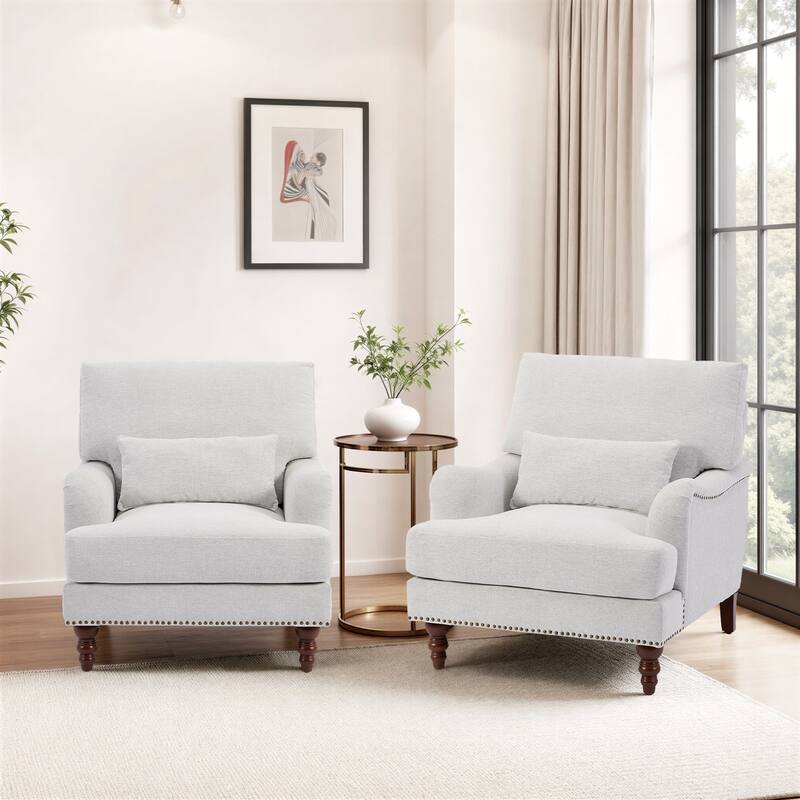 Chenille Accent Chairs with Lumbar Pillows Nailhead (Set of 2)