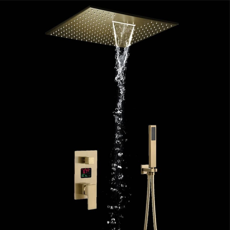 20inch ceiling mount rainfall waterfall shower systems 3 way Digital display pressure balance shower faucet - 7'6" x 10'9" - Gold