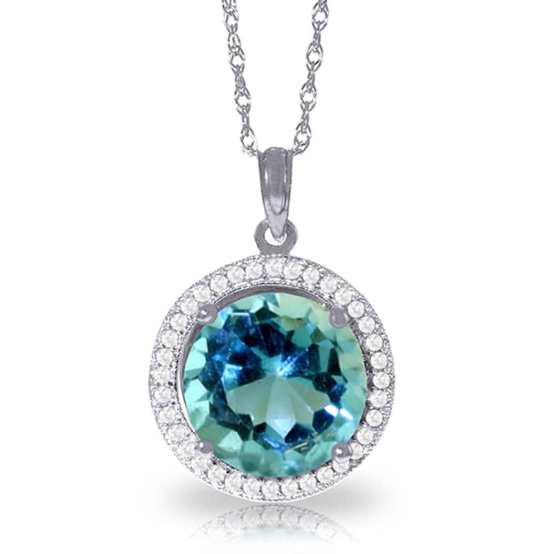 8 Carat 14K Solid Gold Natural Diamond Blue Topaz Gemstone Necklace - 24 Inch - White