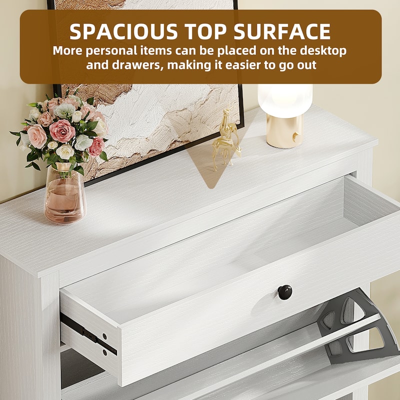 Moasis Shoe Cabinet with 2 Flip Drawer Slim White Shoe Rack Storage Cabinet