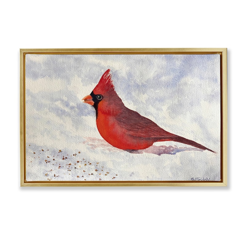 Stupell Red Cardinal in Snow Framed Floater Canvas Wall Art Design By Stephanie Fielden - 25 x 17 - Gold