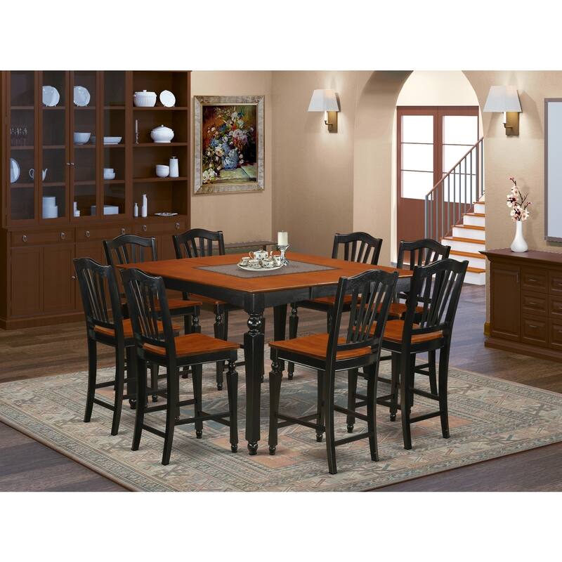 HomeStock 9-Piece Square Black Finish Solid Wood Top Dining Table with 8-Chairs with Lattice Back