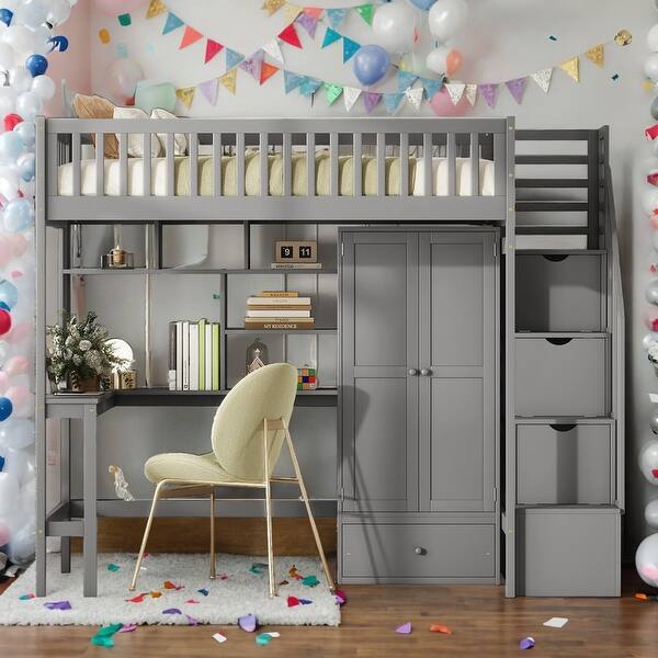 slide 2 of 54, Modern Twin Size Loft Bed With Bookshelf,Drawers,Desk And Wardrobe,Solid Construction Grey