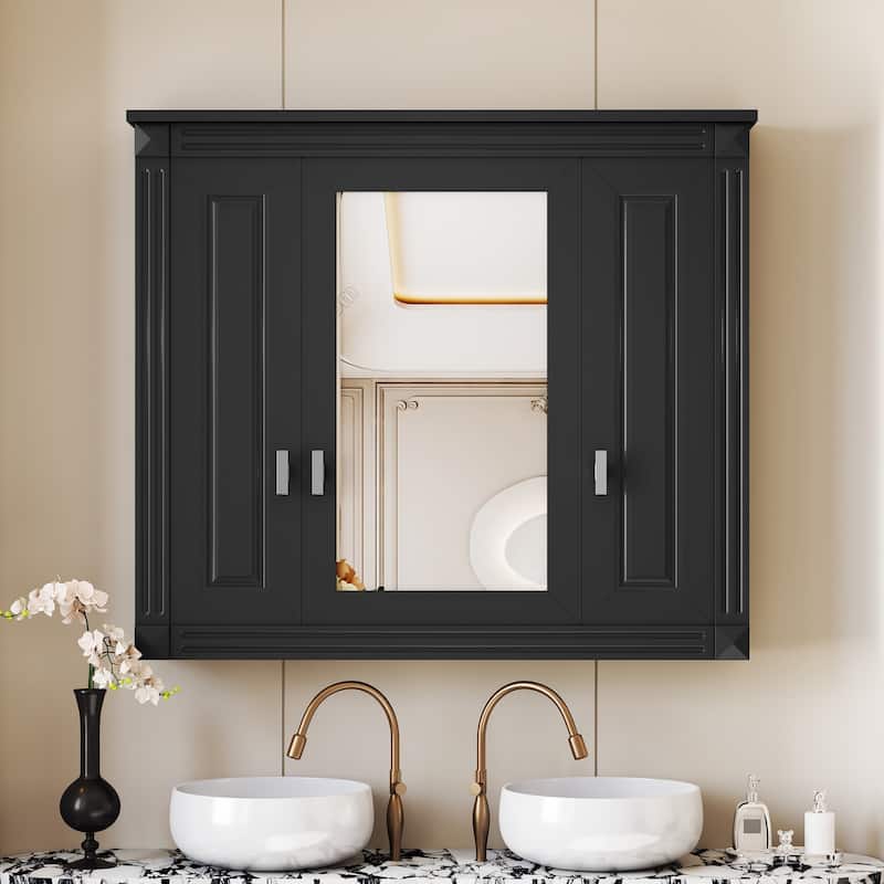 Wall-Mounted Bathroom Medicine Cabinet with Mirror and Four Shelves, Over-The-Toilet Storage Unit‌ - Black