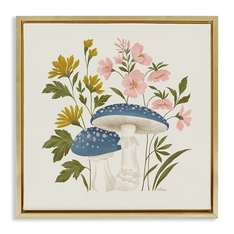 Stupell Blue Mushrooms & Wildflowers Framed Floater Canvas Wall Art Design By Cat Thurman Designs - 25 x 25 - Gold