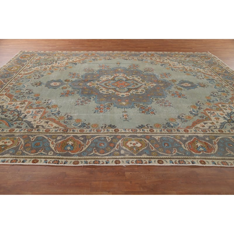 Green Tabriz Vintage Persian Area Rug Hand-Knotted Wool Carpet - 9'7" x 12'9"