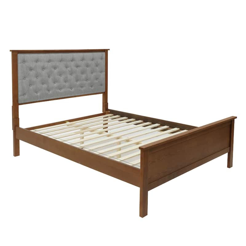 Gray Upholstered Queen Bed Headboard and Wood Footboard Set