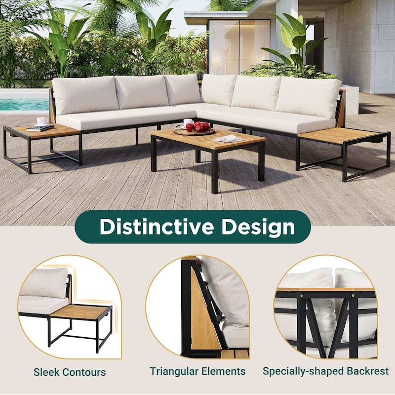 4-Piece Iron-Wood Patio Sofa Set with Waterproof Cushions