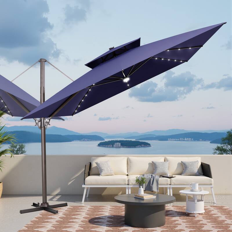 11 FT Square Outdoor Patio Cantilever Umbrella Solar LED Lighted with Weight Base