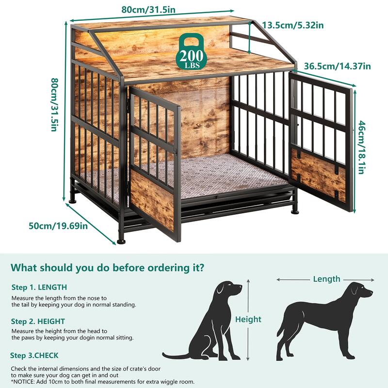 Dog Crate Furniture with Led Lights, Wooden Dog Kennel with Double Doors, Dog House Indoor for Small Medium Dogs