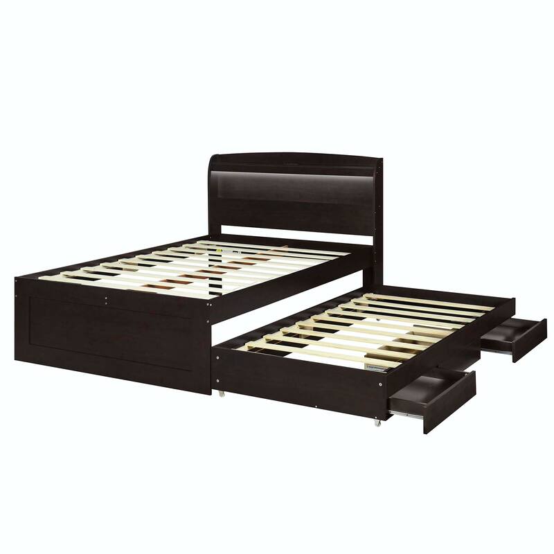 Platform Bed with Storage LED Headboard, Charging Station, Twin Size Trundle and 2 Drawers
