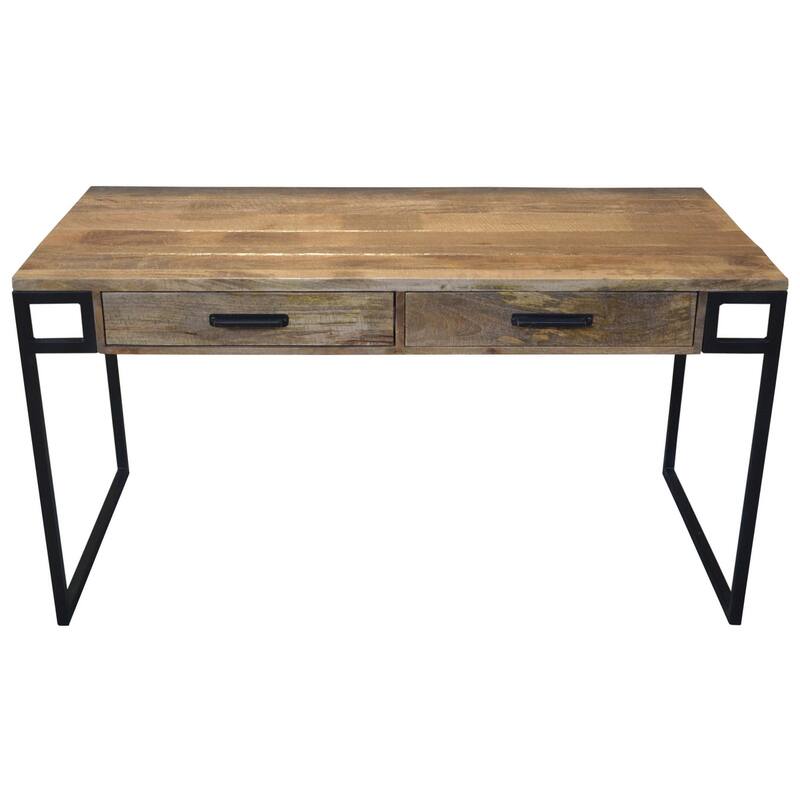 60" Natural And Black Mango Solid Wood Writing Desk With Two Drawers
