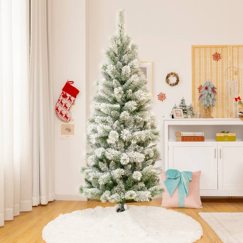 Gymax 5/6/7.5/8 ft Pre-lit Snow Flocked Artificial Christmas Tree w/