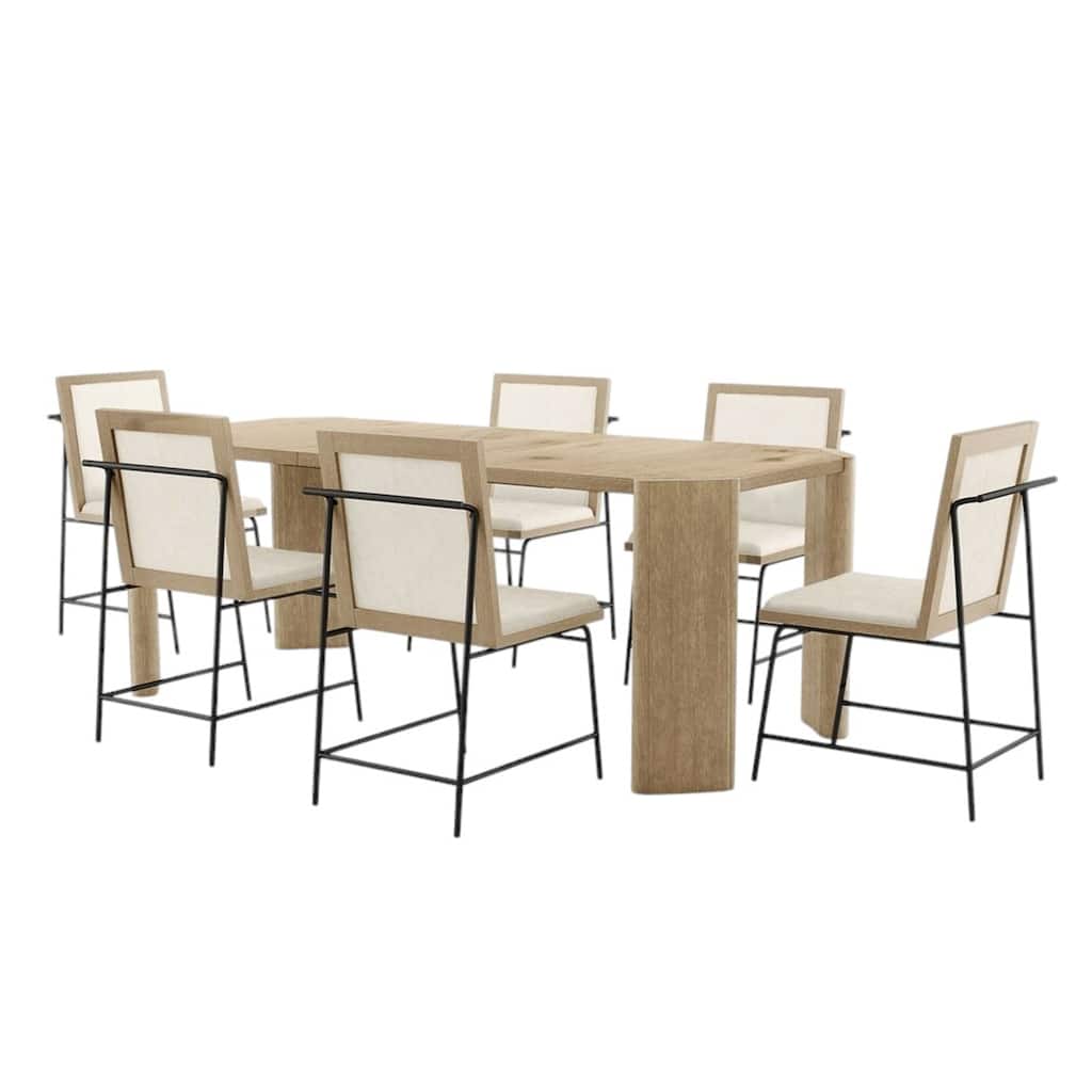 7 Piece Wooden Dining Set with Upholstered Seat in Oak and Beige