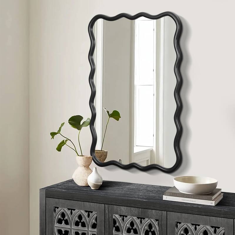 Solid Wood Wavy Frame Wall Mirror, 40"x28" Rectangle Design for Entryway, Cloakroom, and Dining Room