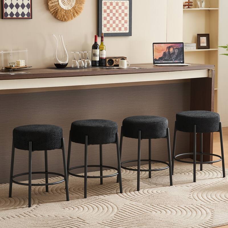 Round Bar Stools Set of 2, Fabric Upholstered Bar Chairs with Footrest, Backless Kitchen Island Stools with Metal Base