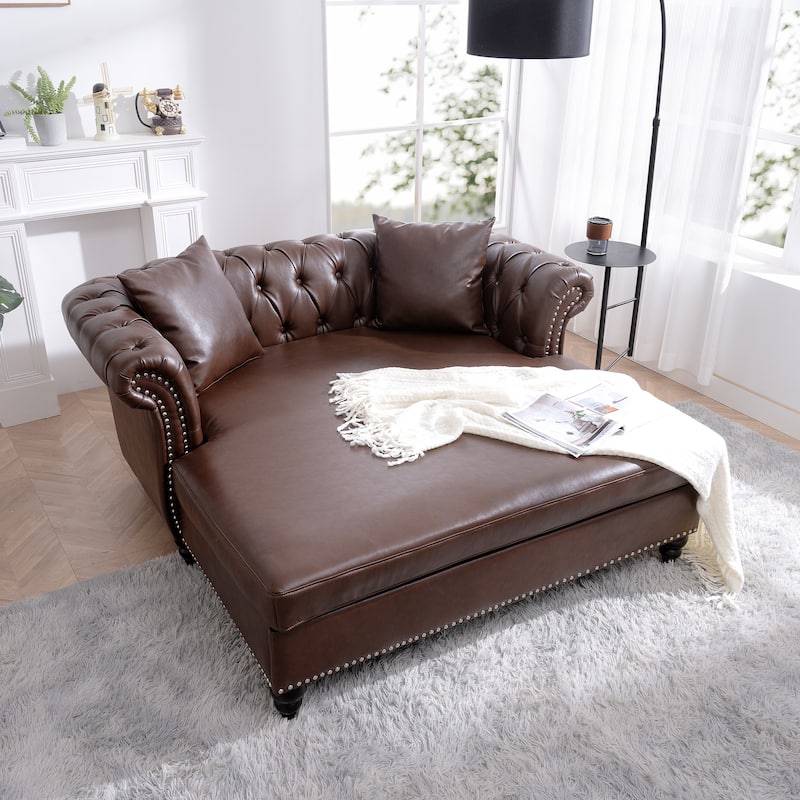 GDFStudio - Elara Luxe 63" Loveseat Chaise Lounge Couch with Upholstered PU Leather & Rolled Arm for Living Room or Office - Dark Brown