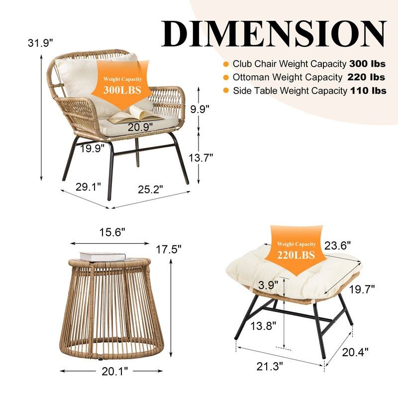 5-Piece Outdoor Boho Patio Furniture Set Wicker Sectional Conversation Set with Ottomans and Coffee Table